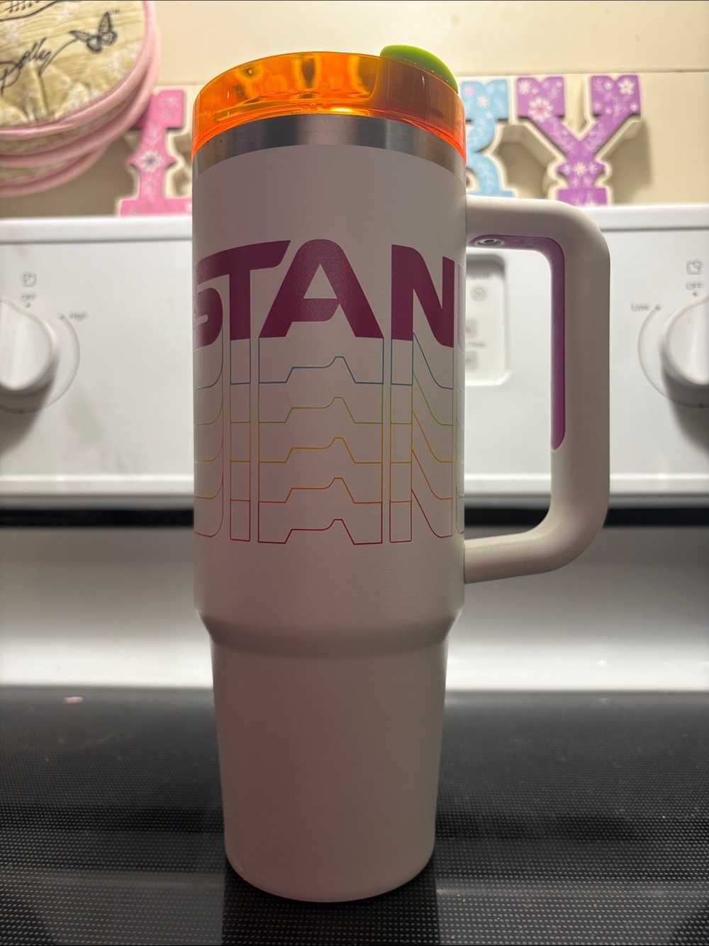 White Insulated Travel Mug with Rainbow Accent - stanley 30oz